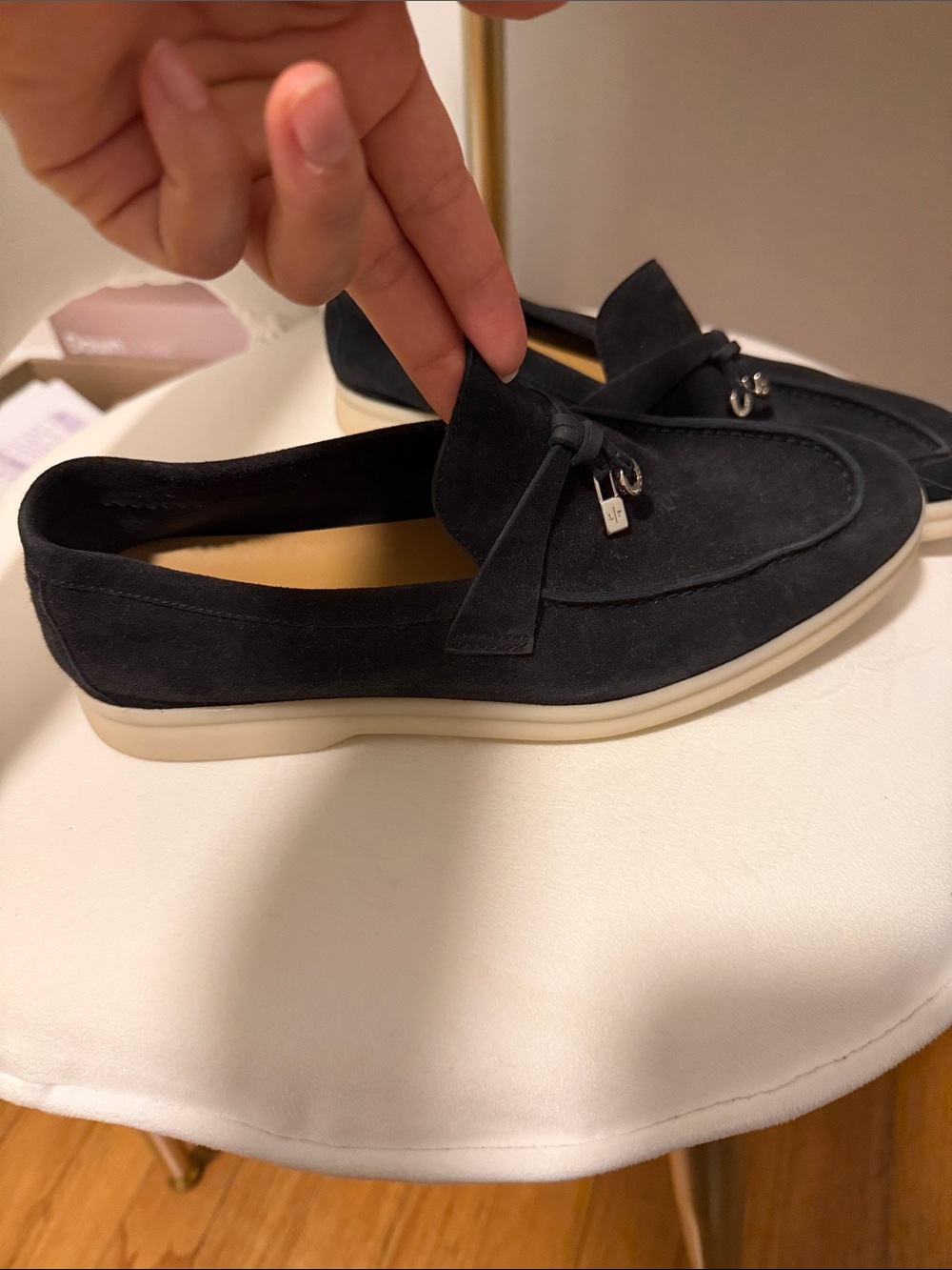 Loro Piana Black Suede Tassel Slip-On Loafers with Cream Sole